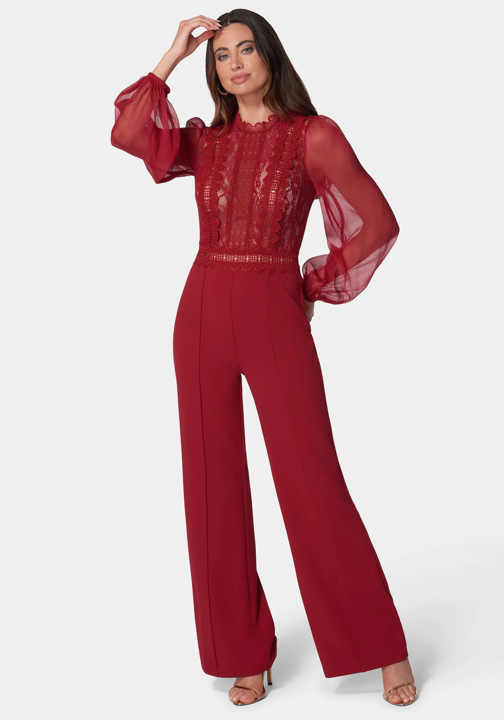 Lace Top Straight Leg Jumpsuit sold by Bebe