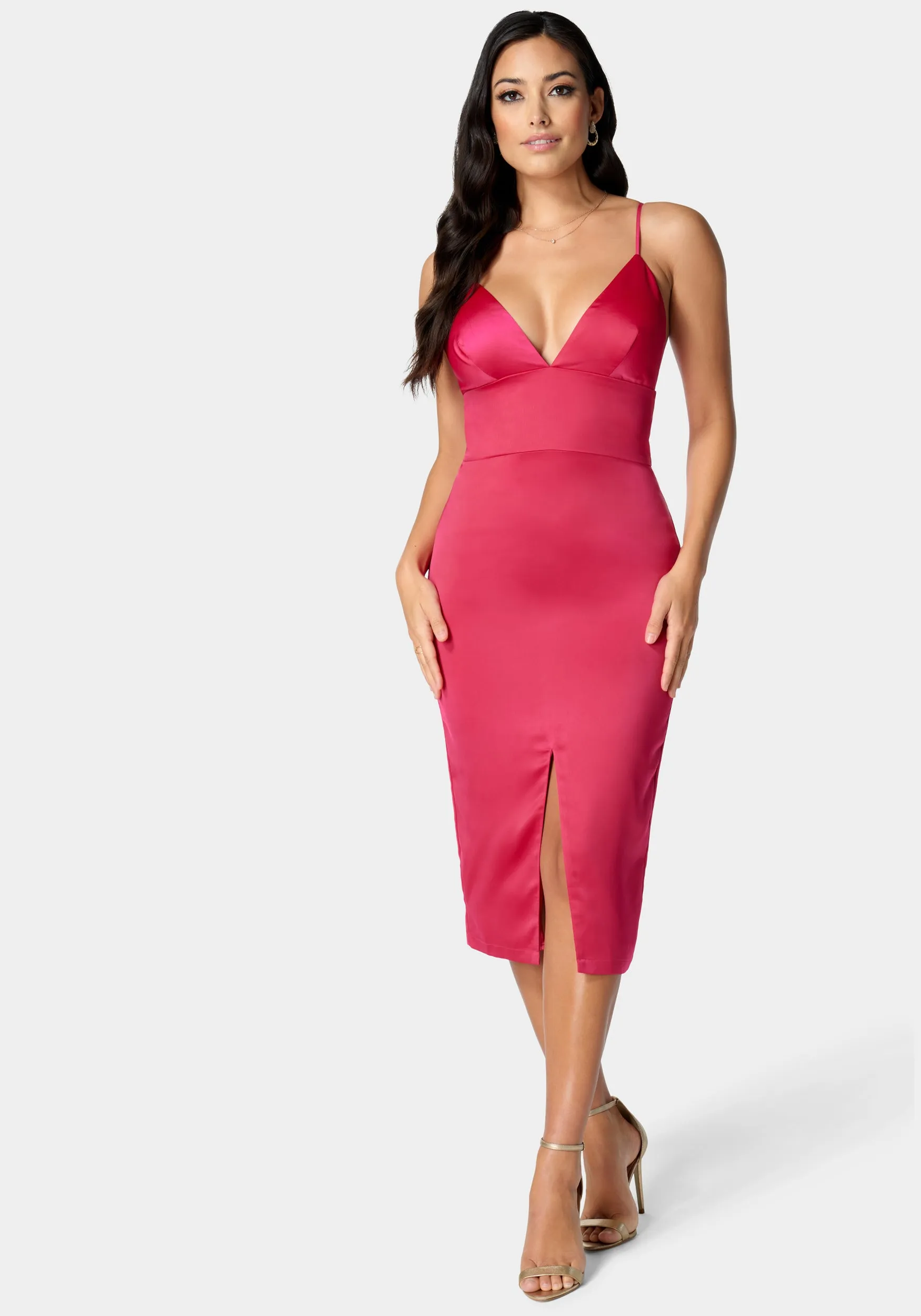 Satin Hi Slit Midi Dress sold by Bebe