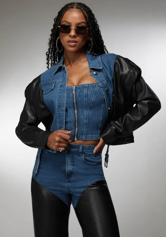 Vegan Leather Combo Denim Moto Jacket sold by Bebe