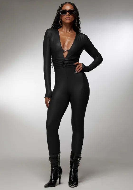 Plunging V-Neck Metal Trim Detail Catsuit sold by Bebe