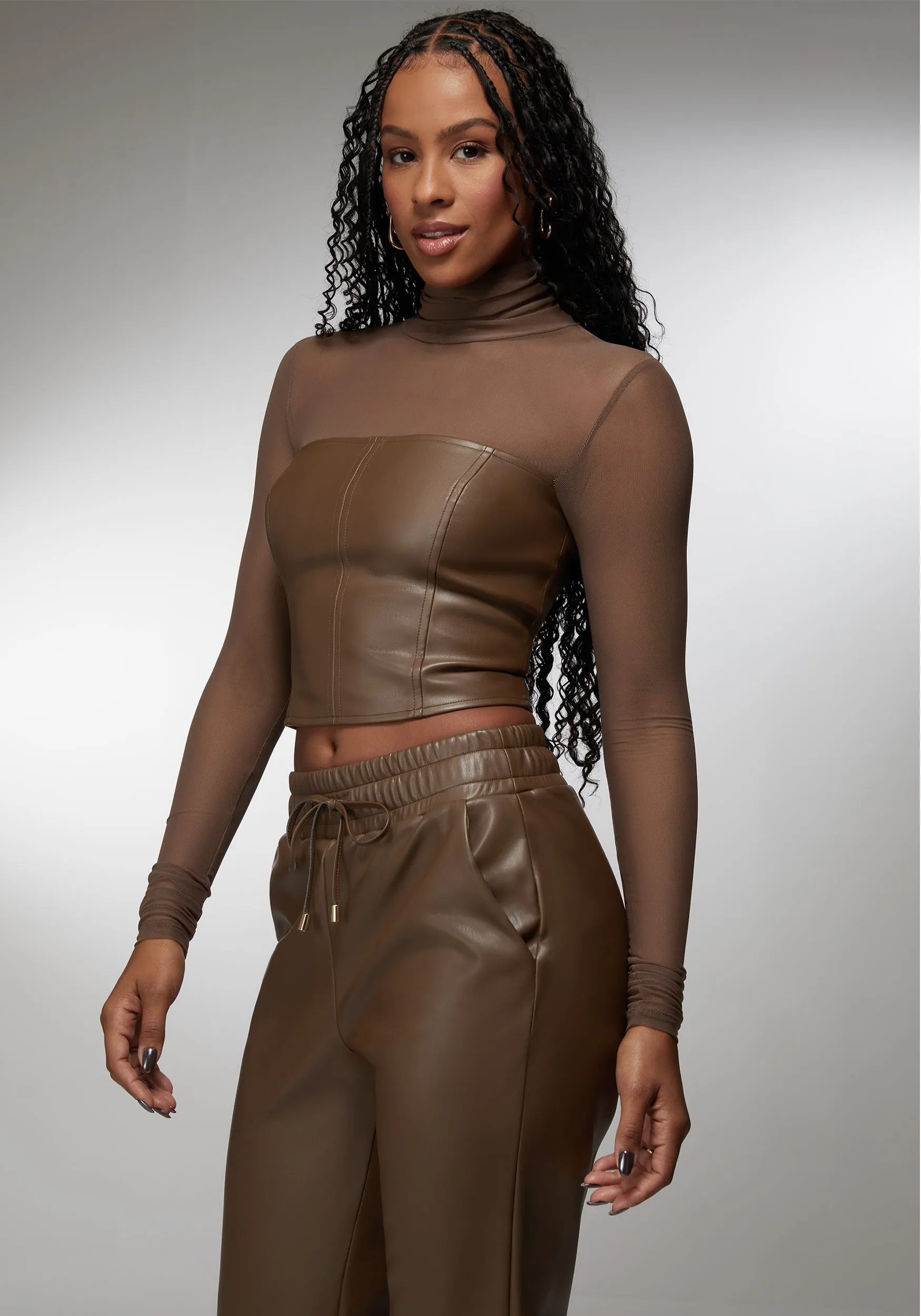 Mock Neck Mesh Combo Vegan Leather Top sold by Bebe product image thumbnail 2