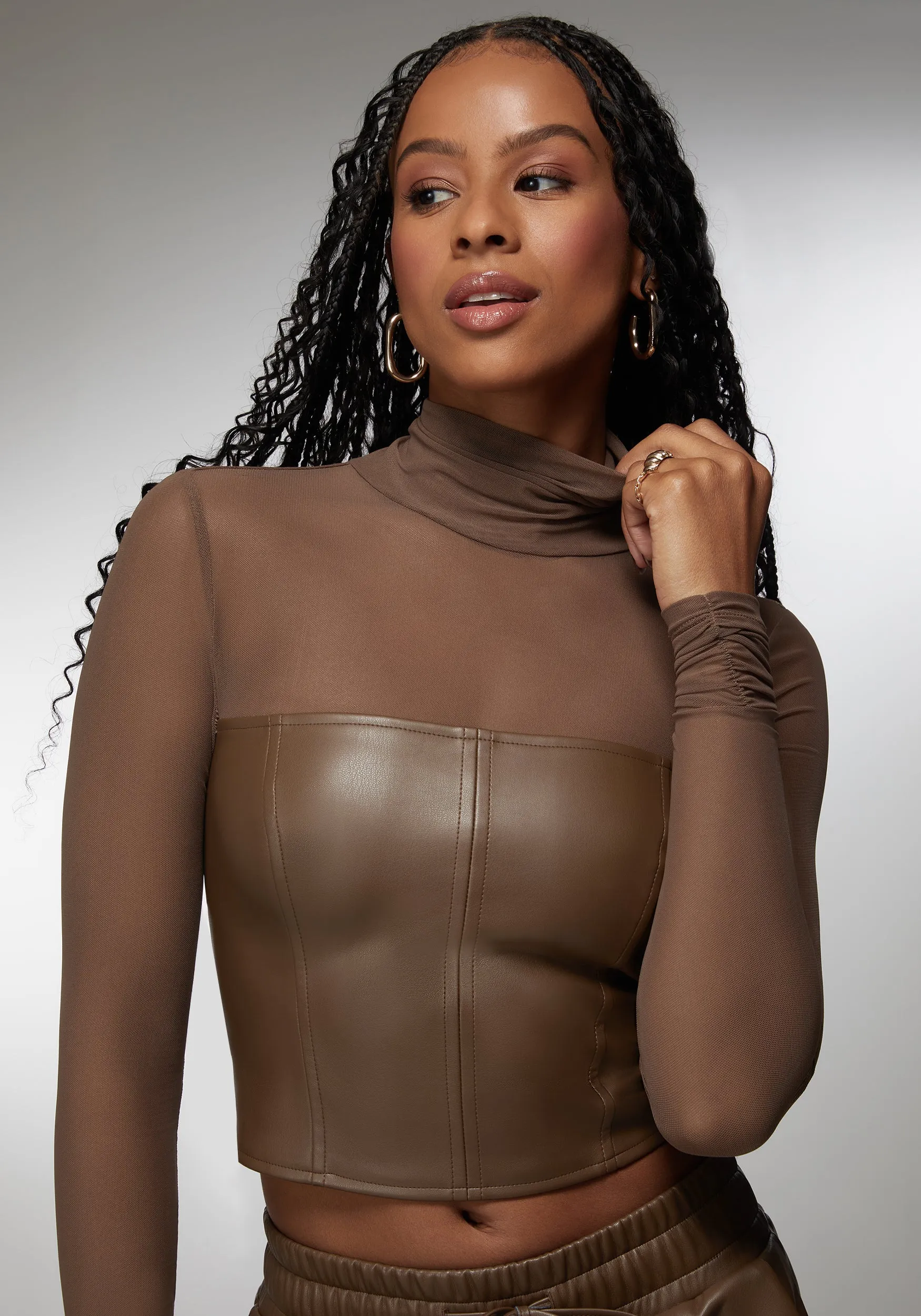 Mock Neck Mesh Combo Vegan Leather Top sold by Bebe product image thumbnail 4