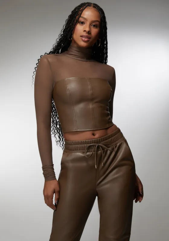 Mock Neck Mesh Combo Vegan Leather Top sold by Bebe