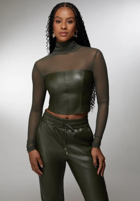 Mock Neck Mesh Combo Vegan Leather Top sold by Bebe