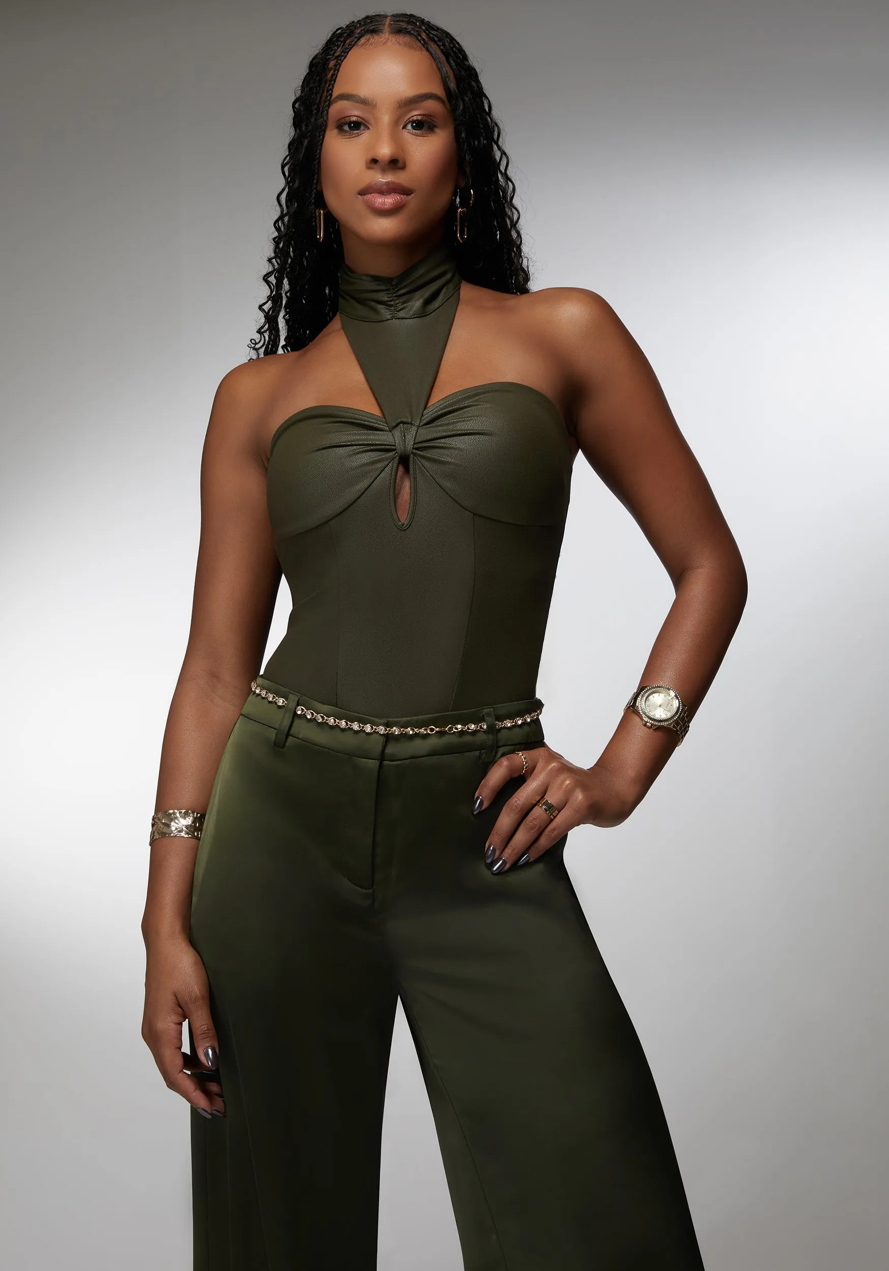 Mock Neck Halter Coated Knit Bodysuit sold by Bebe