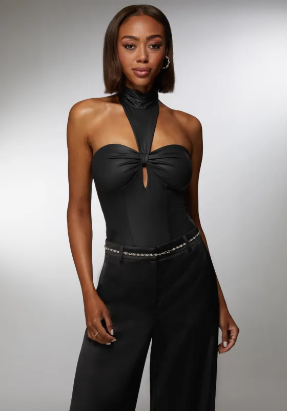 Mock Neck Halter Coated Knit Bodysuit sold by Bebe