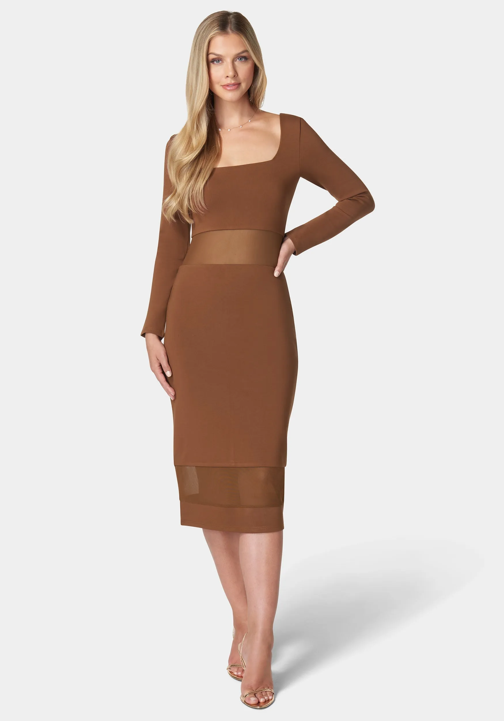 Square Neck Mesh Inset Dress sold by Bebe