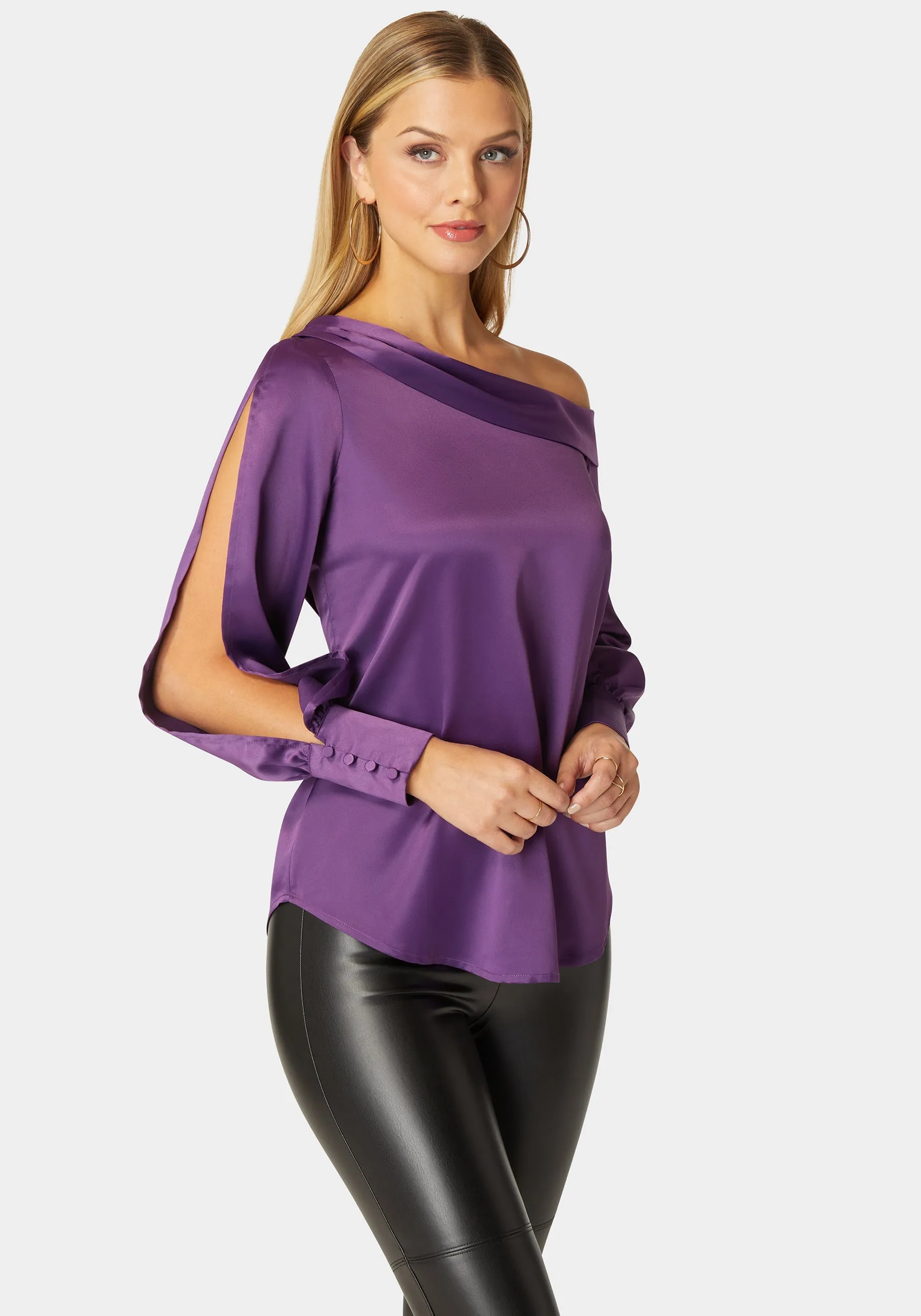 Asymmetrical Long Sleeve Slit Detail Satin Blouse sold by Bebe product image thumbnail 2
