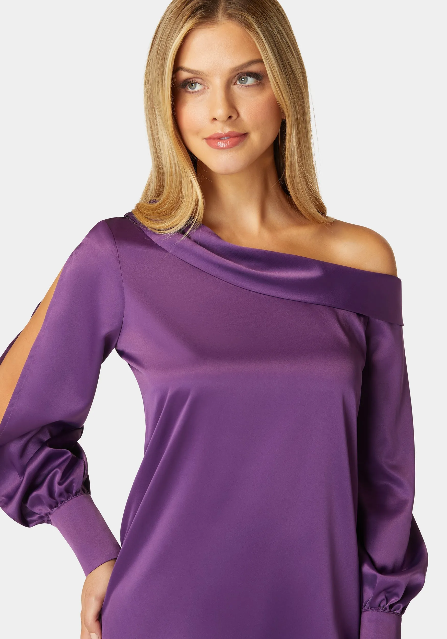 Asymmetrical Long Sleeve Slit Detail Satin Blouse sold by Bebe product image thumbnail 4