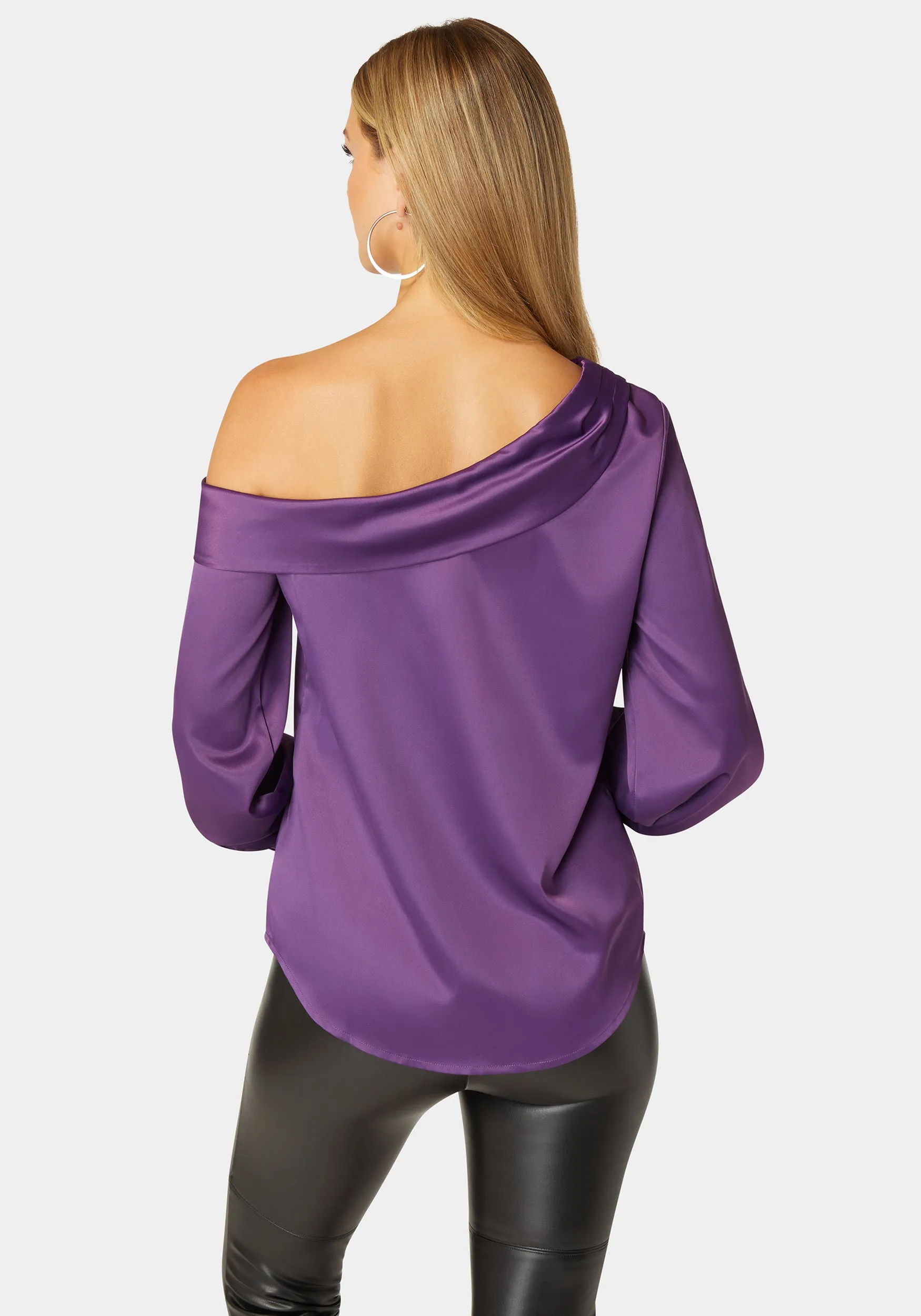 Asymmetrical Long Sleeve Slit Detail Satin Blouse sold by Bebe product image thumbnail 3