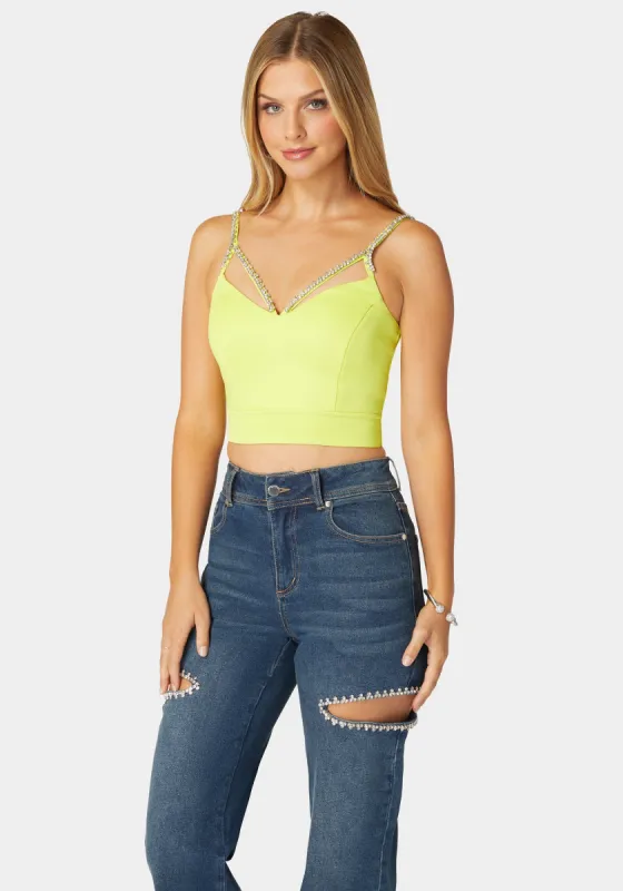Rhinestone Trim Sleeveless Knit Top sold by Bebe