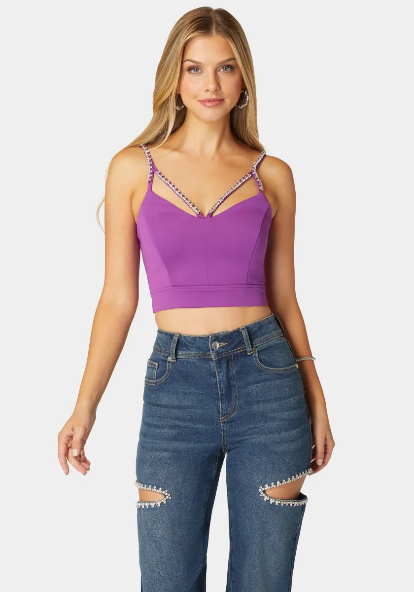 Rhinestone Trim Sleeveless Knit Top sold by Bebe