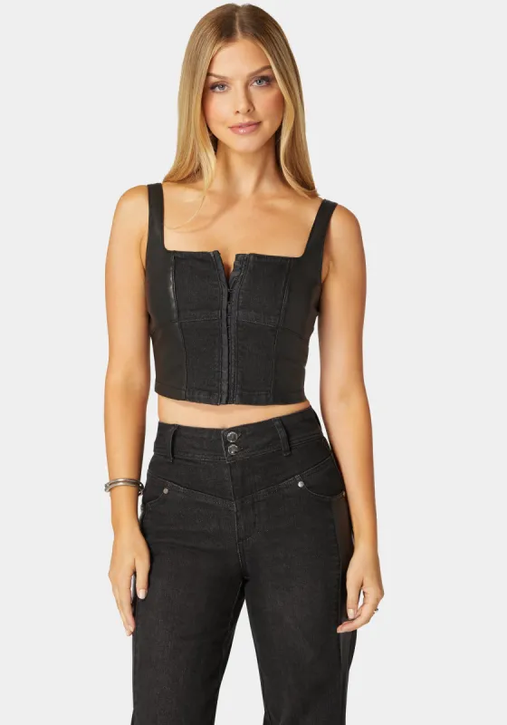 Eyelet Front Combo Vegan Leather Denim Corset sold by Bebe