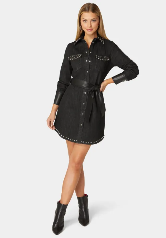 Fitted Combo Vegan Leather Studded Denim Shirt Dress sold by Bebe