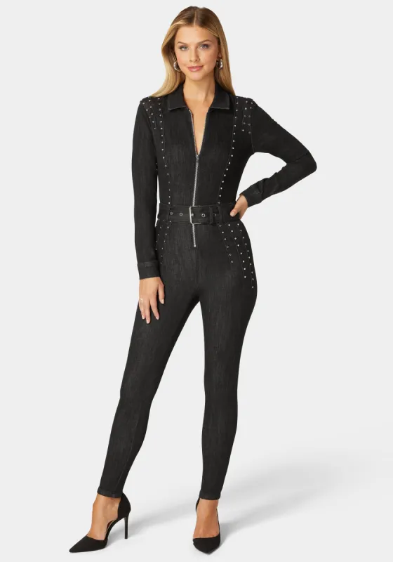 Skinny Studded Zip Up Front Denim Jumpsuit made by TC