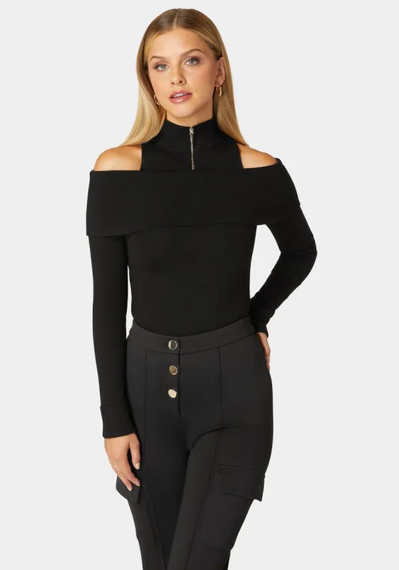 Mock Neck Zip Detail Cold Shoulder Sweater sold by Bebe