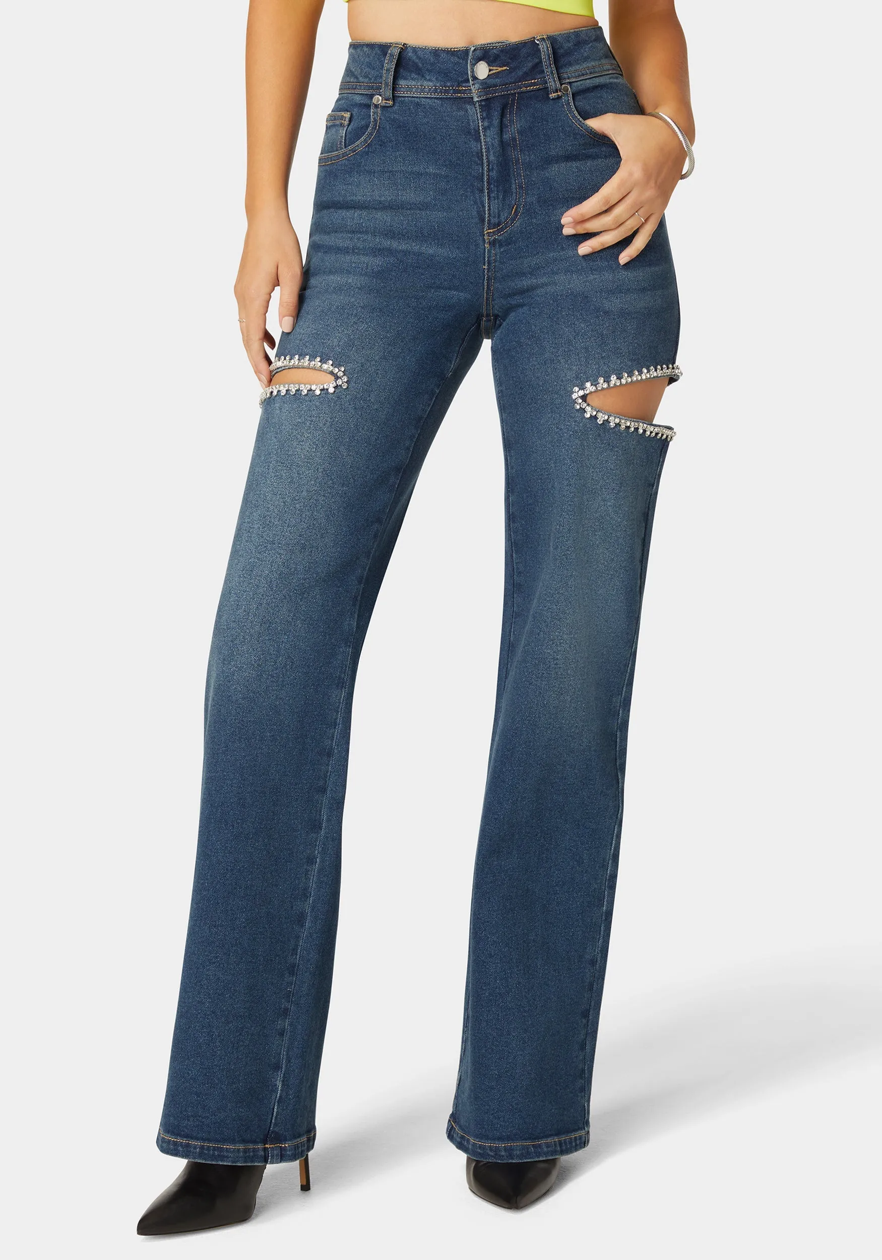 High Waist Studded Cut Out Wide Leg Jean sold by Bebe