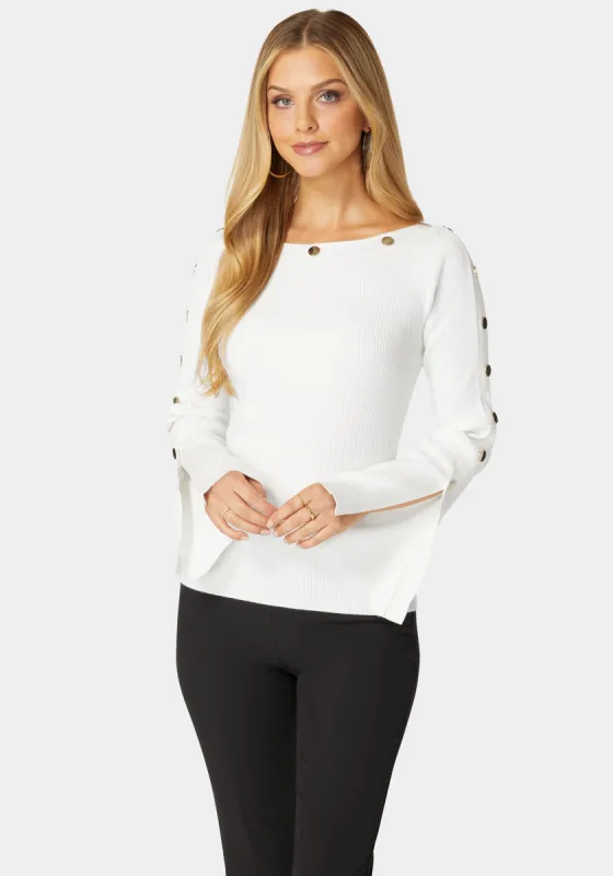 Off Shoulder Bateau Snapped Slit Sweater sold by Bebe