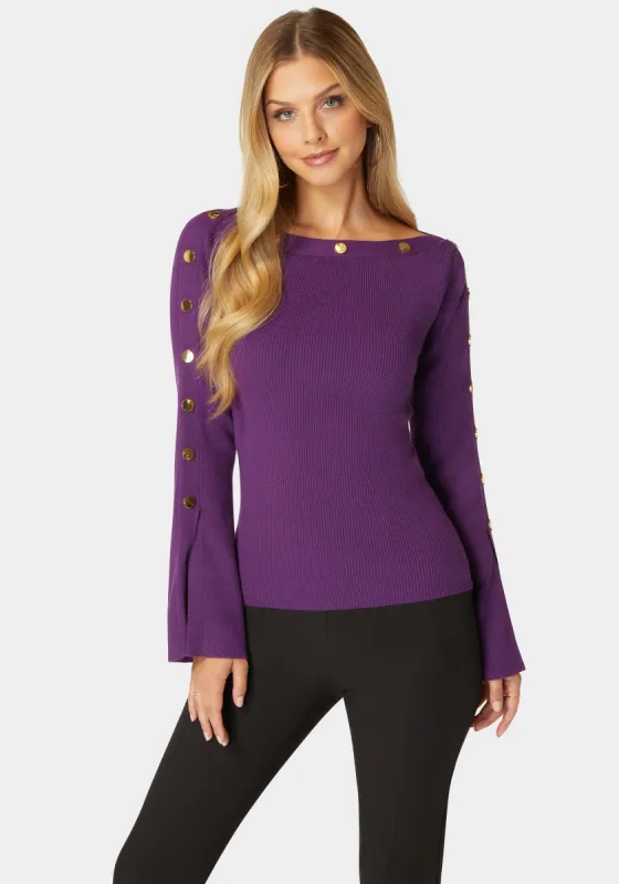 Off Shoulder Bateau Snapped Slit Sweater sold by Bebe