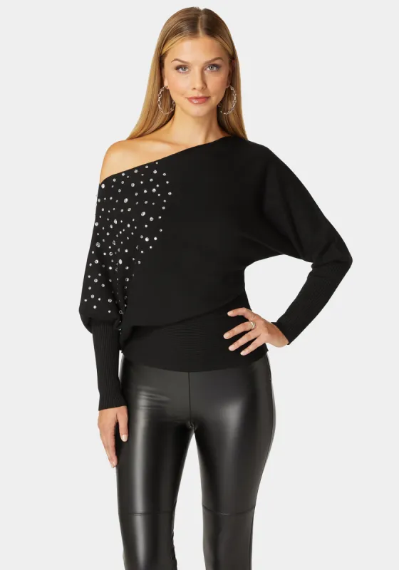 Off Shoulder Studded Dolman Sleeve Sweater sold by Bebe