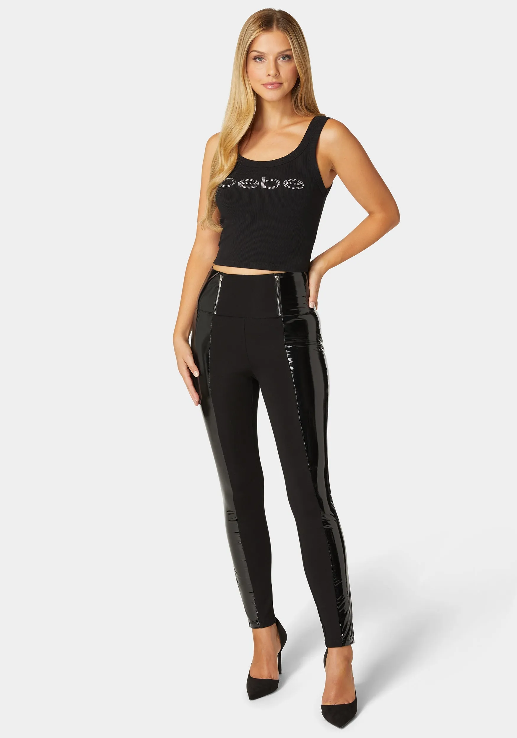 High Waist Zipper Detail Liquid Shine Combo Knit Legging sold by Bebe product image thumbnail 2