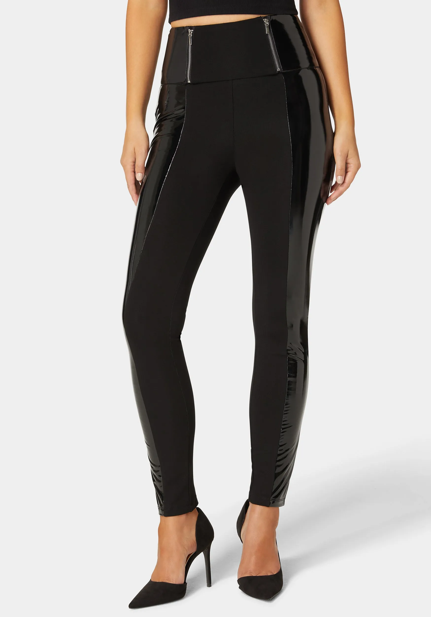 High Waist Zipper Detail Liquid Shine Combo Knit Legging sold by Bebe