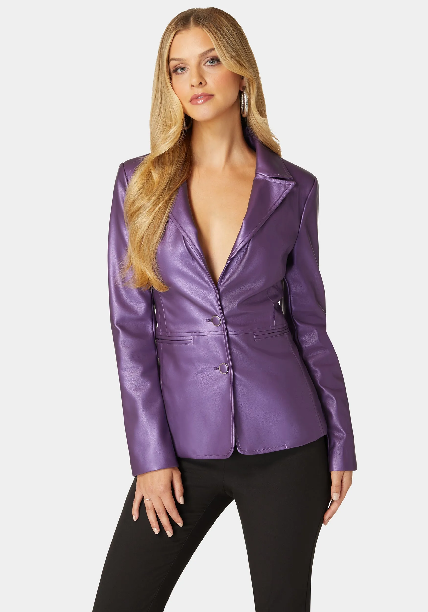 Tailored Metallic Vegan Leather Blazer sold by Bebe