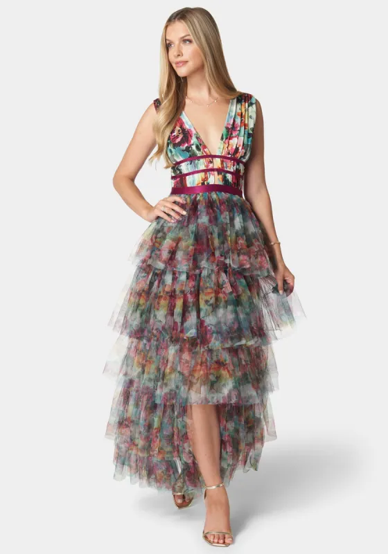 Tiered High Low Mesh Dress sold by Bebe