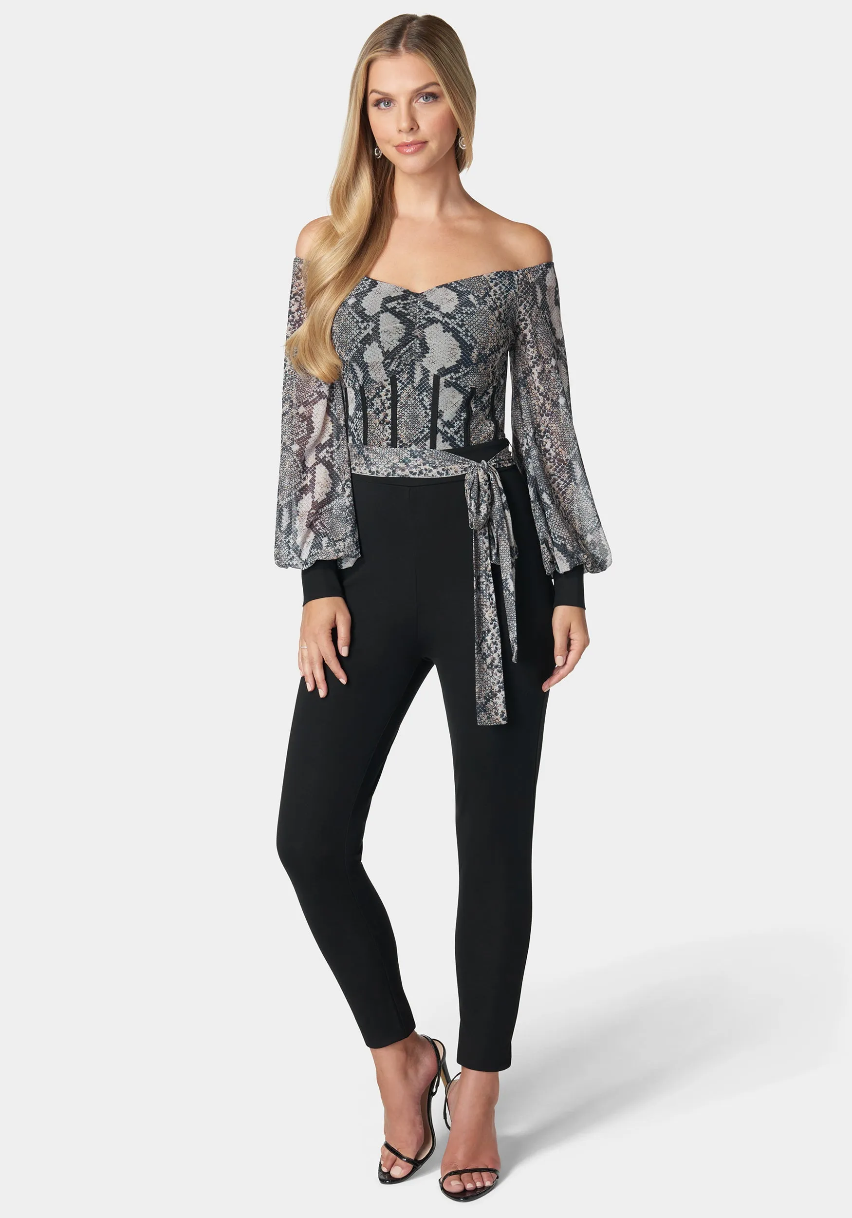 Mesh Off Shoulder Catsuit sold by Bebe