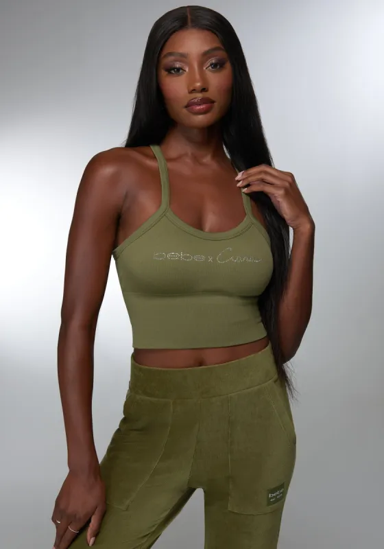 Rhinestone Logo Bra Tank sold by Bebe