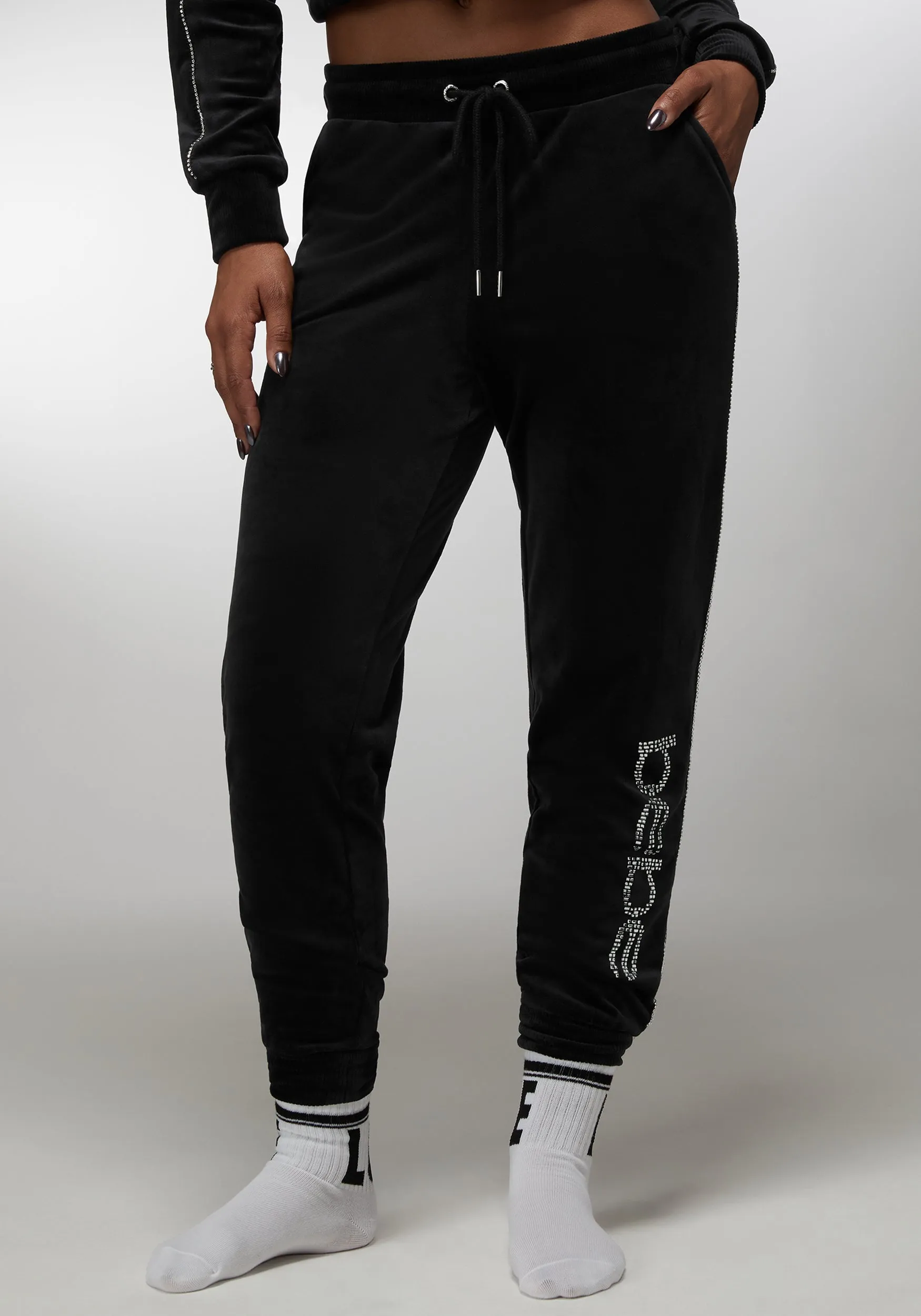 Rhinestone Detail Velour Jogger sold by Bebe
