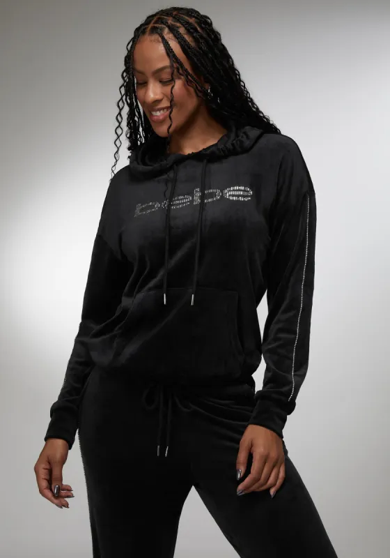 Rhinestone Detail Velour Hoodie sold by Bebe