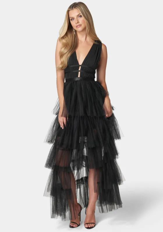 Tiered High Low Mesh Dress sold by Bebe