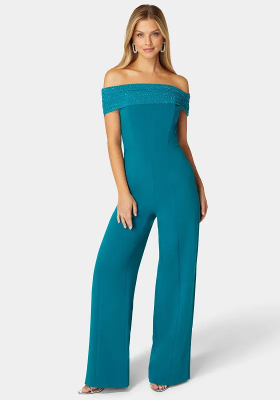 Studded Off Shoulder Palazzo Jumpsuit sold by Bebe