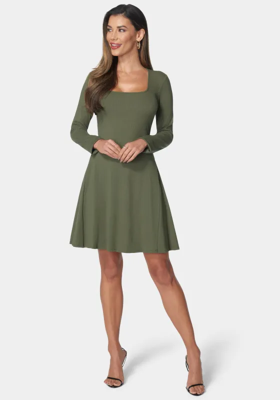 Rib Long Sleeve Godet Dress sold by Bebe