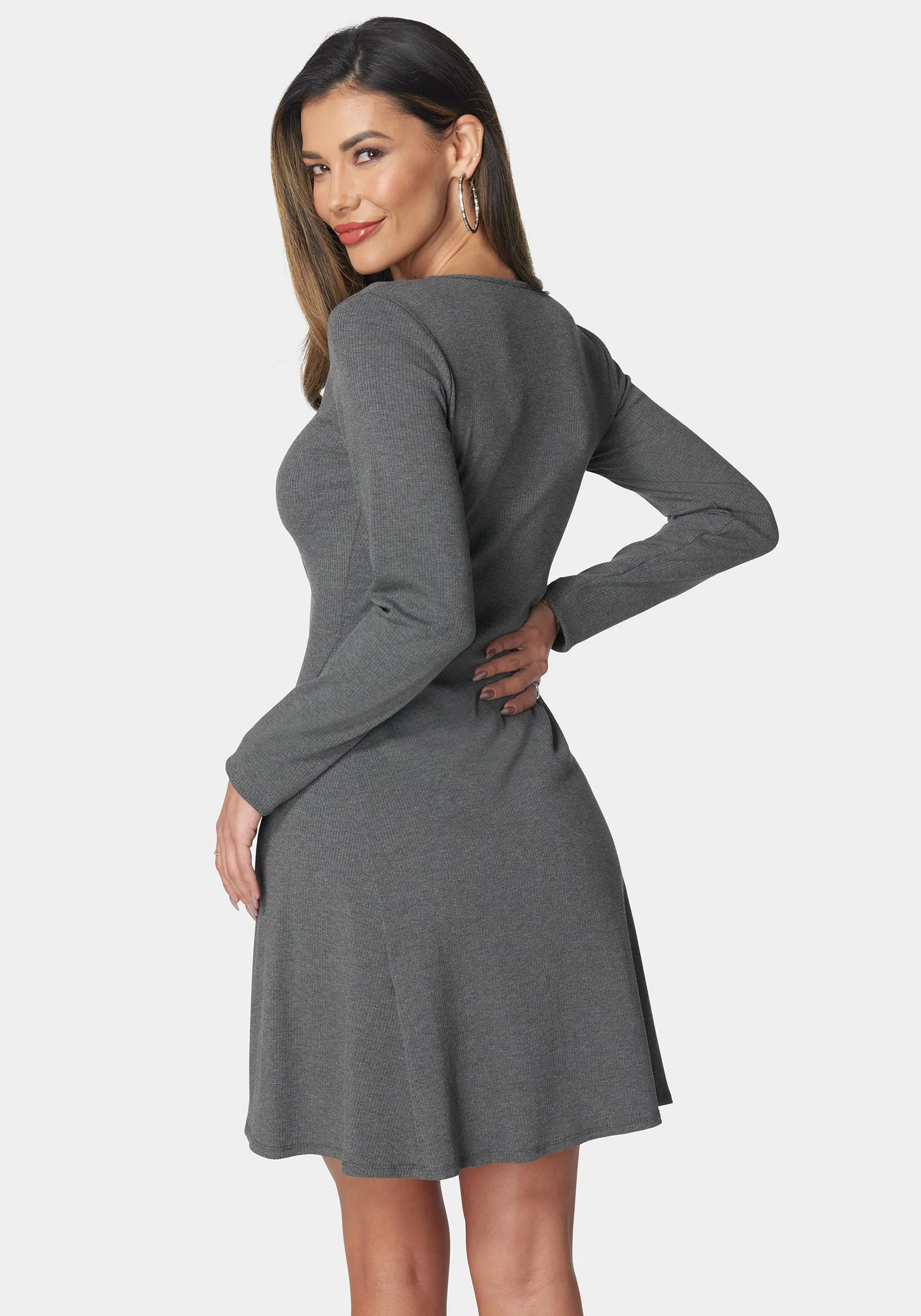 Rib Long Sleeve Godet Dress sold by Bebe product image thumbnail 3