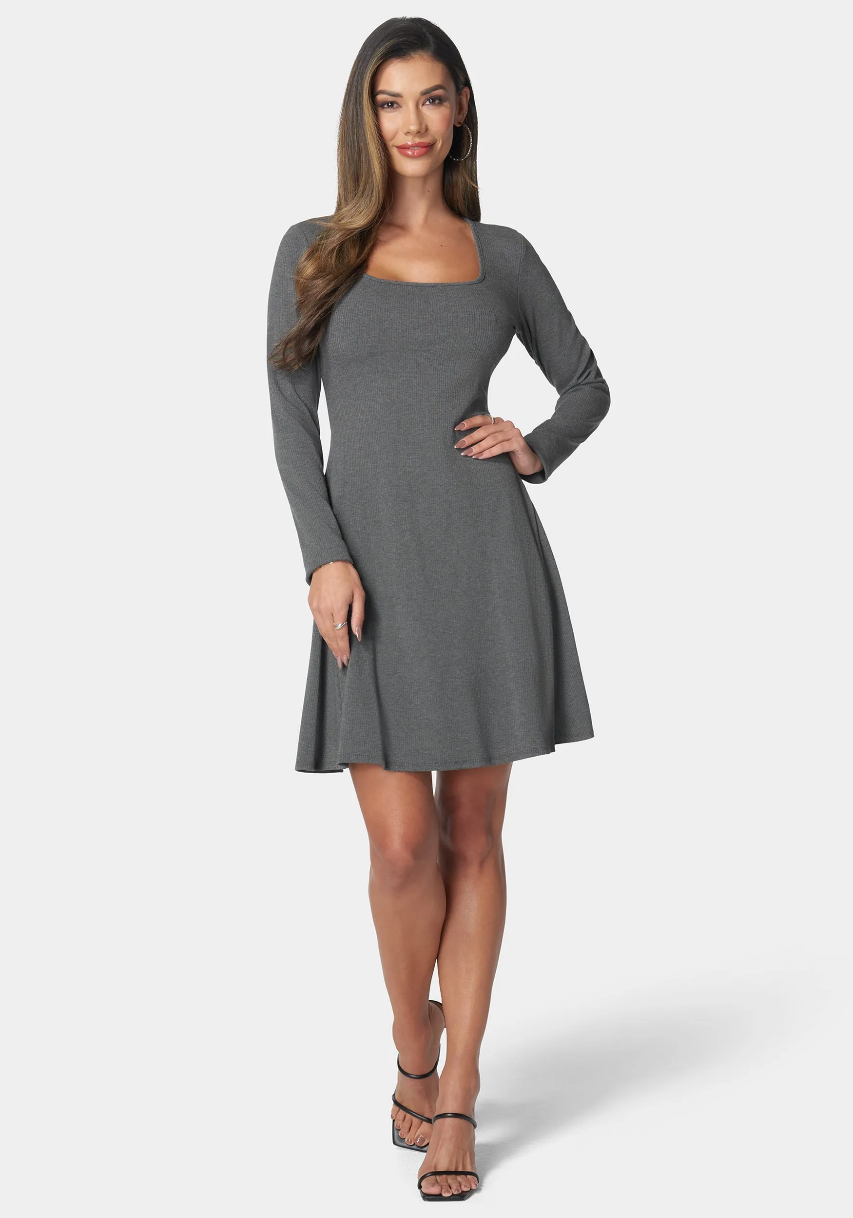 Rib Long Sleeve Godet Dress sold by Bebe
