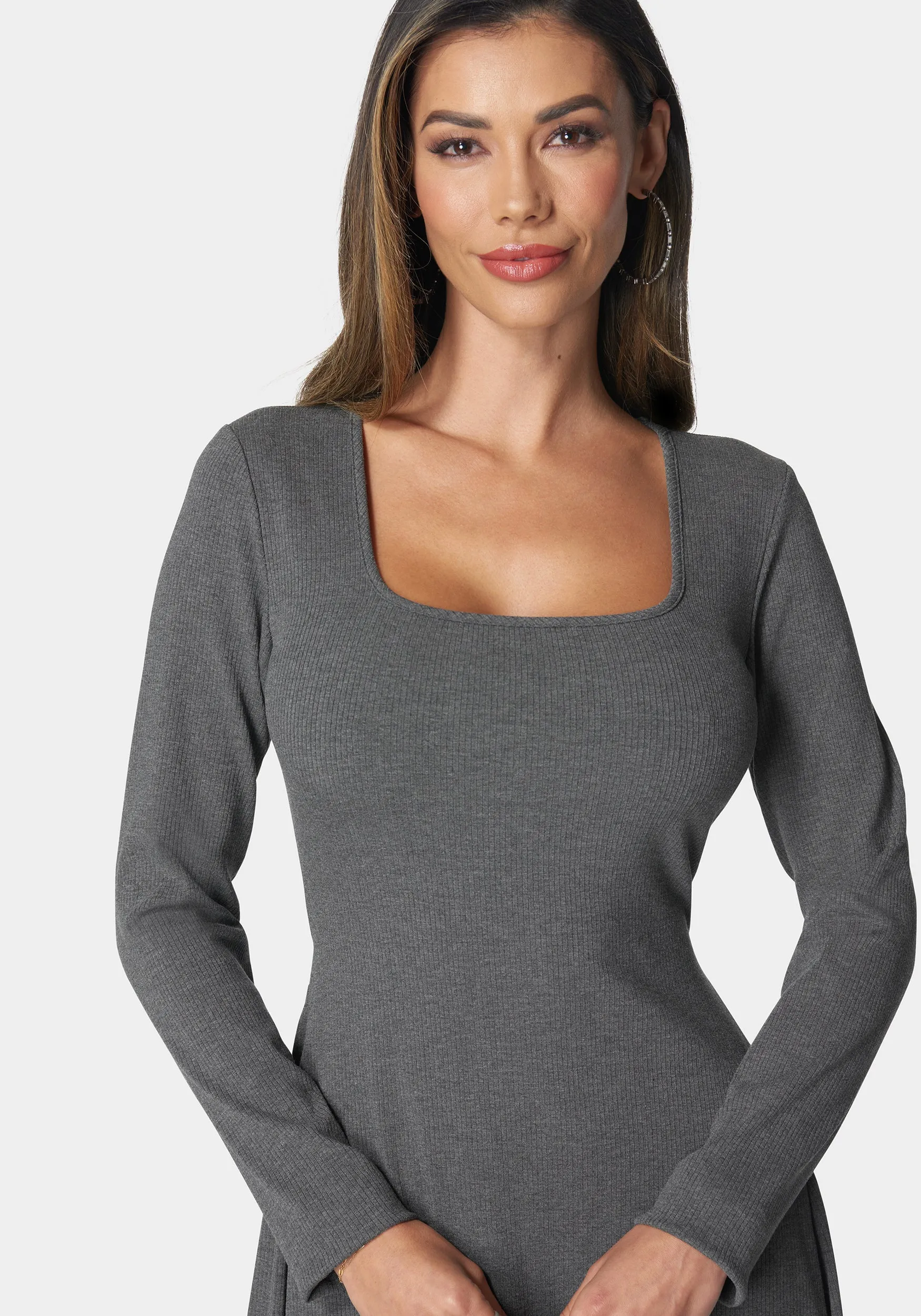 Rib Long Sleeve Godet Dress sold by Bebe product image thumbnail 4