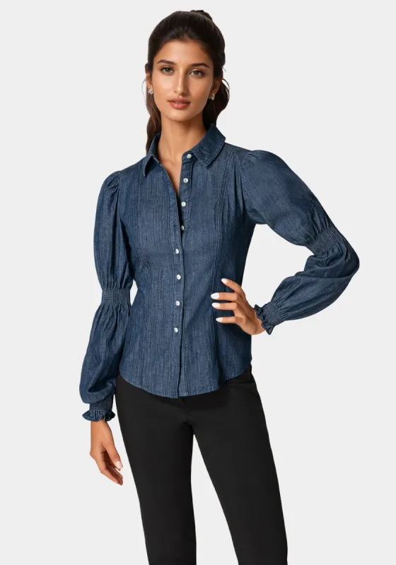 Jewel Detail Smocked Denim Blouse sold by Bebe
