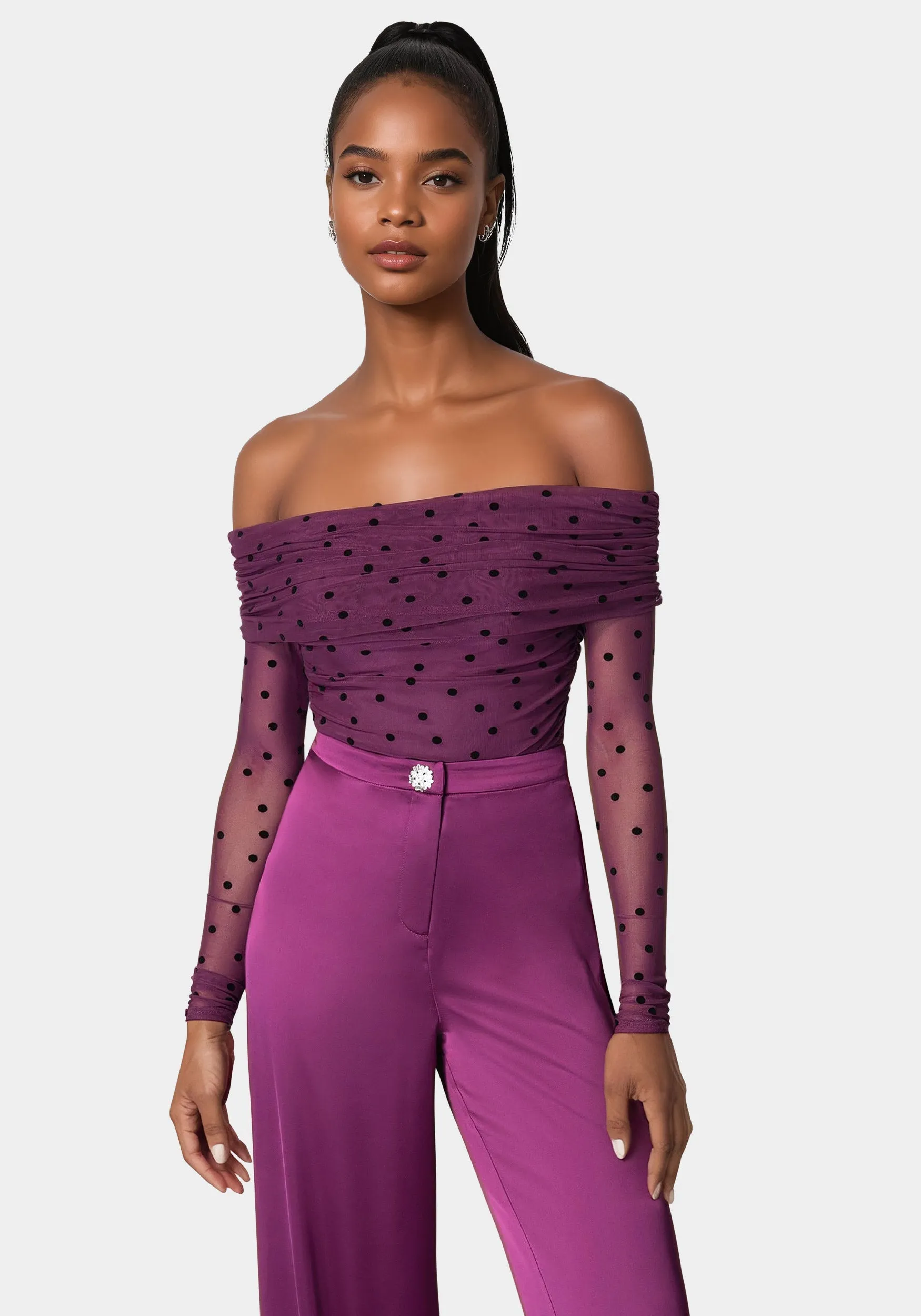 Off Shoulder Flocked Mesh Top sold by Bebe