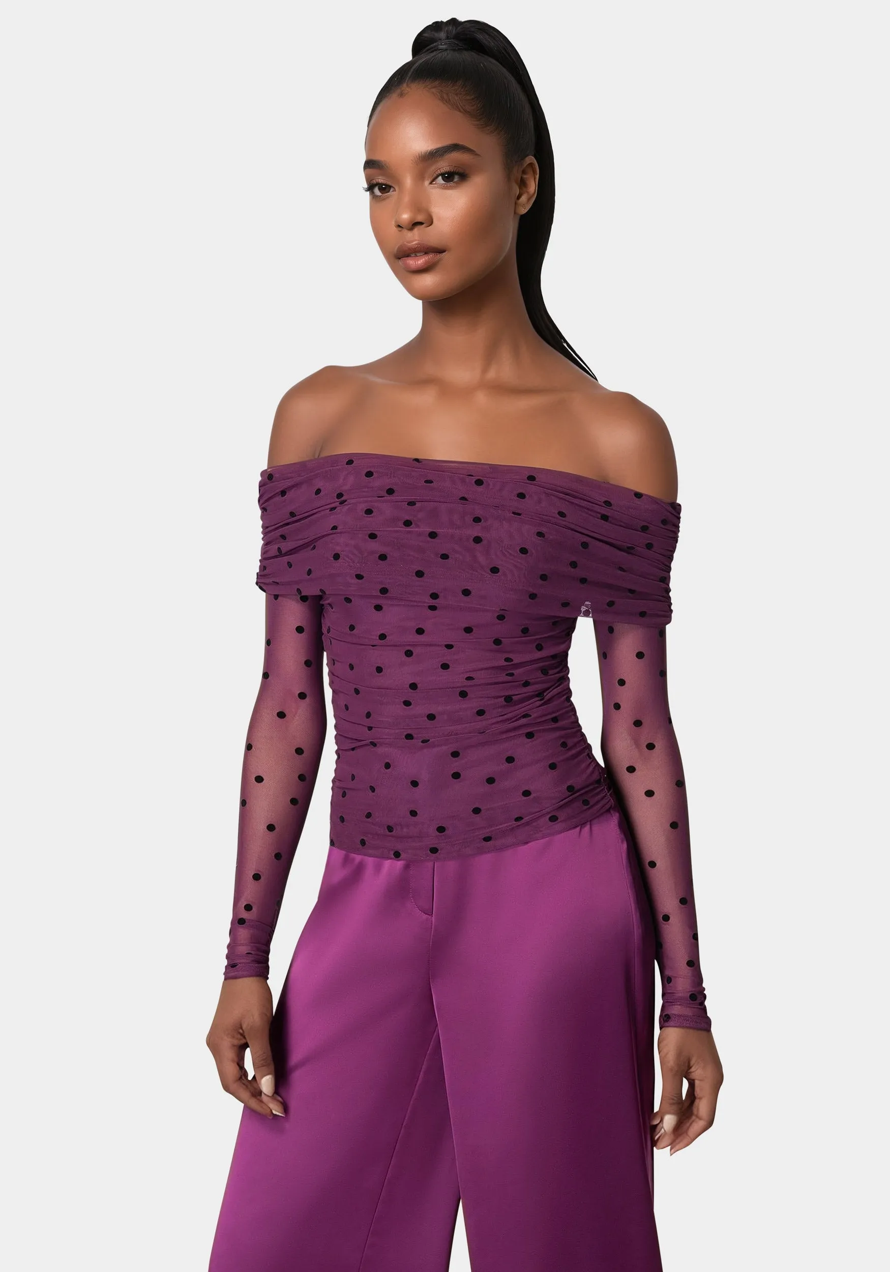 Off Shoulder Flocked Mesh Top sold by Bebe product image thumbnail 2