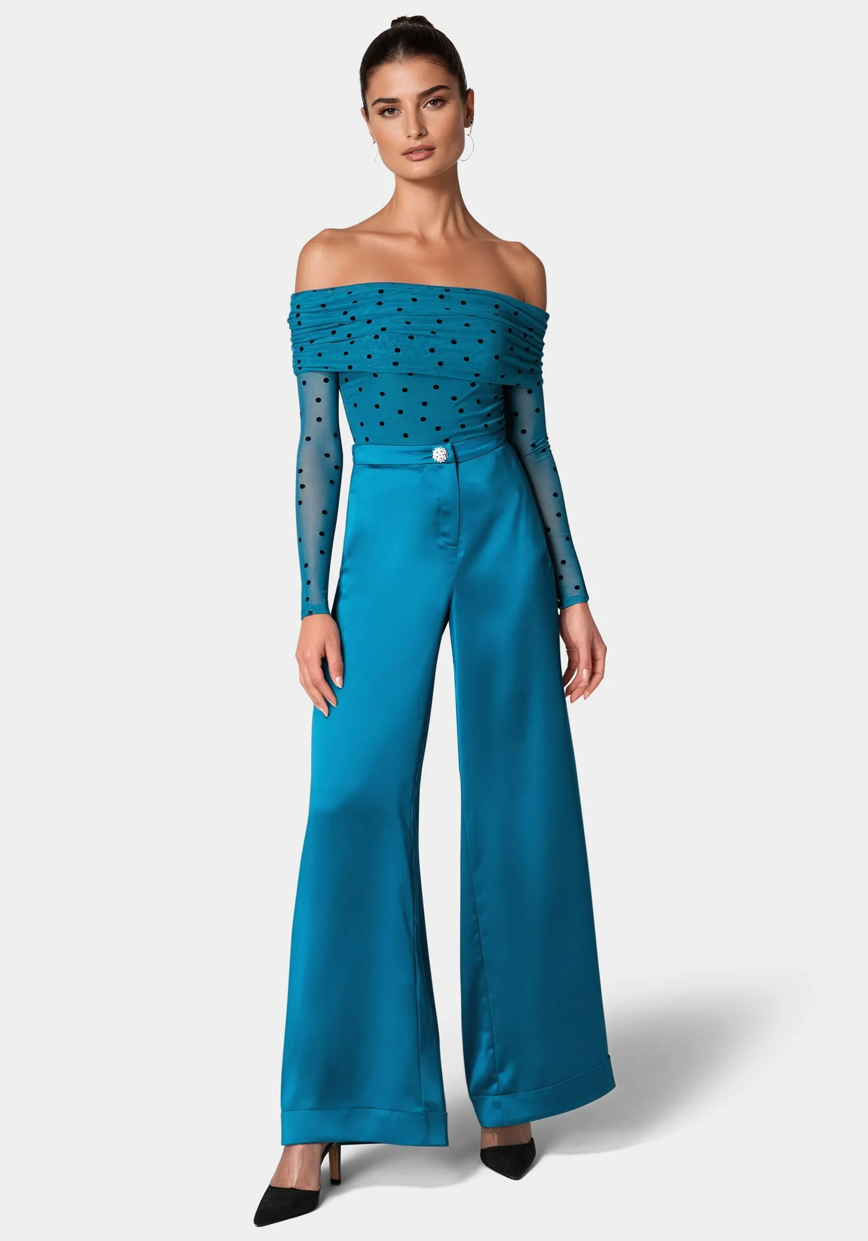 Off Shoulder Flocked Mesh Top sold by Bebe