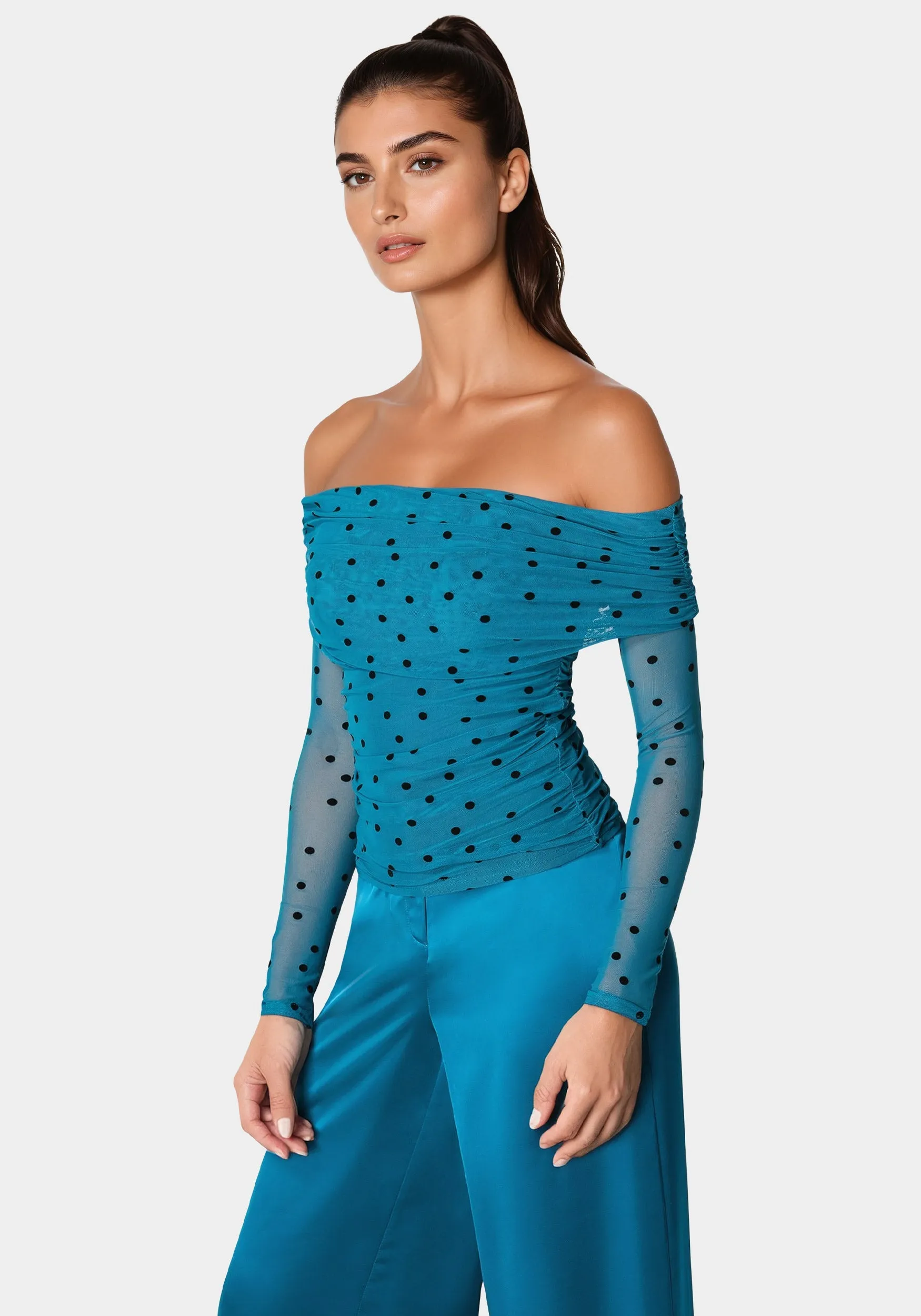 Off Shoulder Flocked Mesh Top sold by Bebe product image thumbnail 2