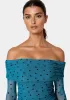 Off Shoulder Flocked Mesh Top sold by Bebe