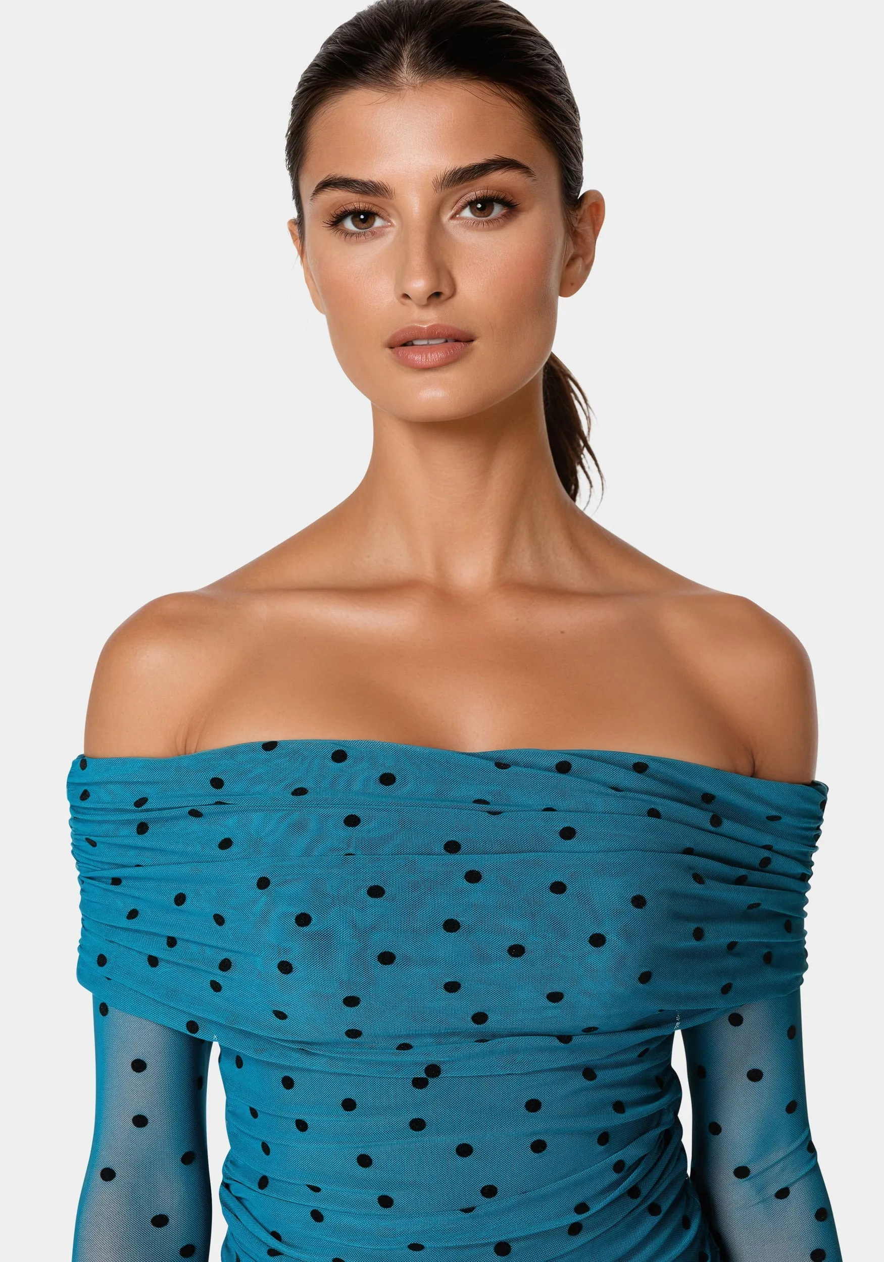 Off Shoulder Flocked Mesh Top sold by Bebe product image thumbnail 4