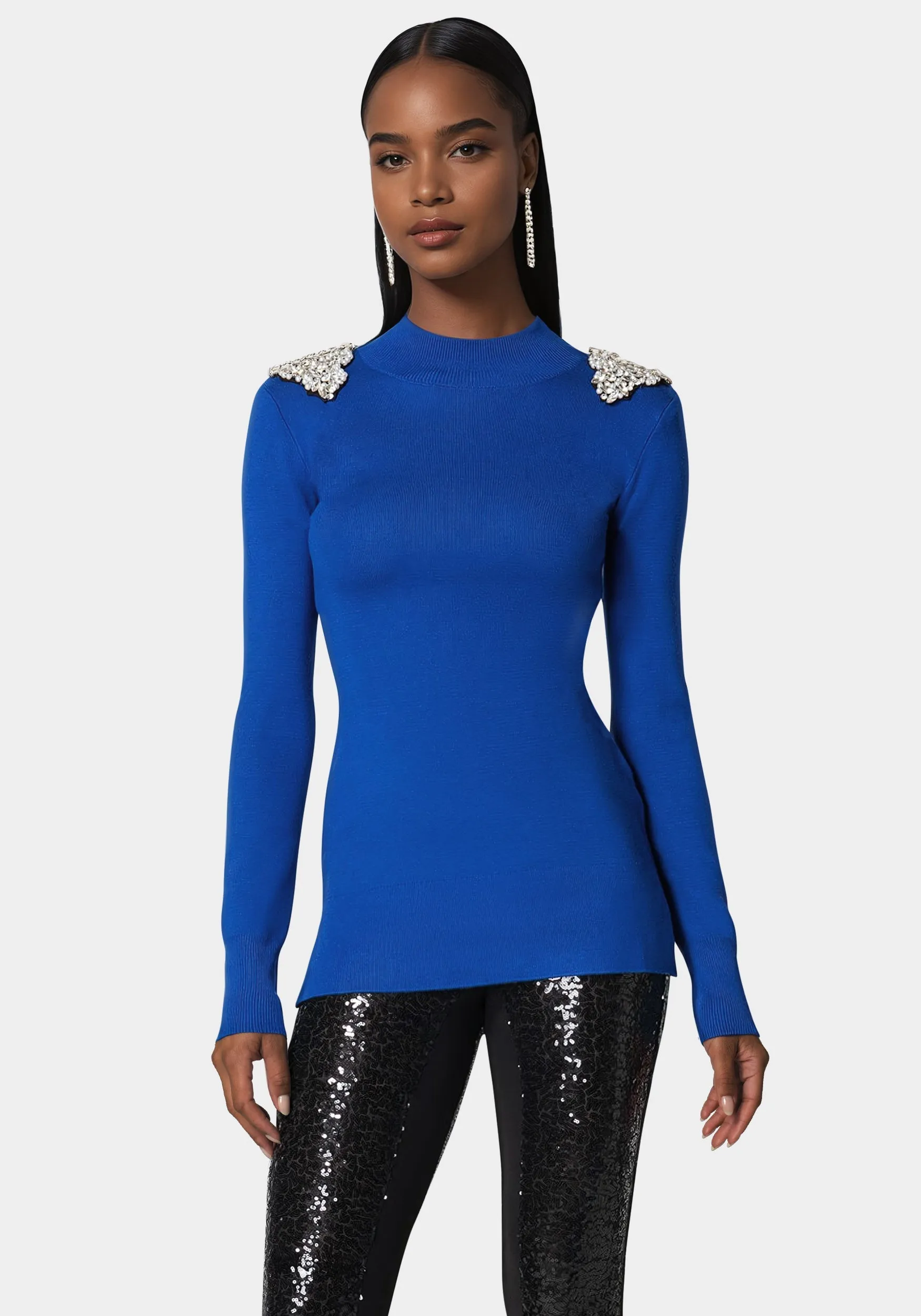 Embellished Mock Neck Tunic Sweater sold by Bebe