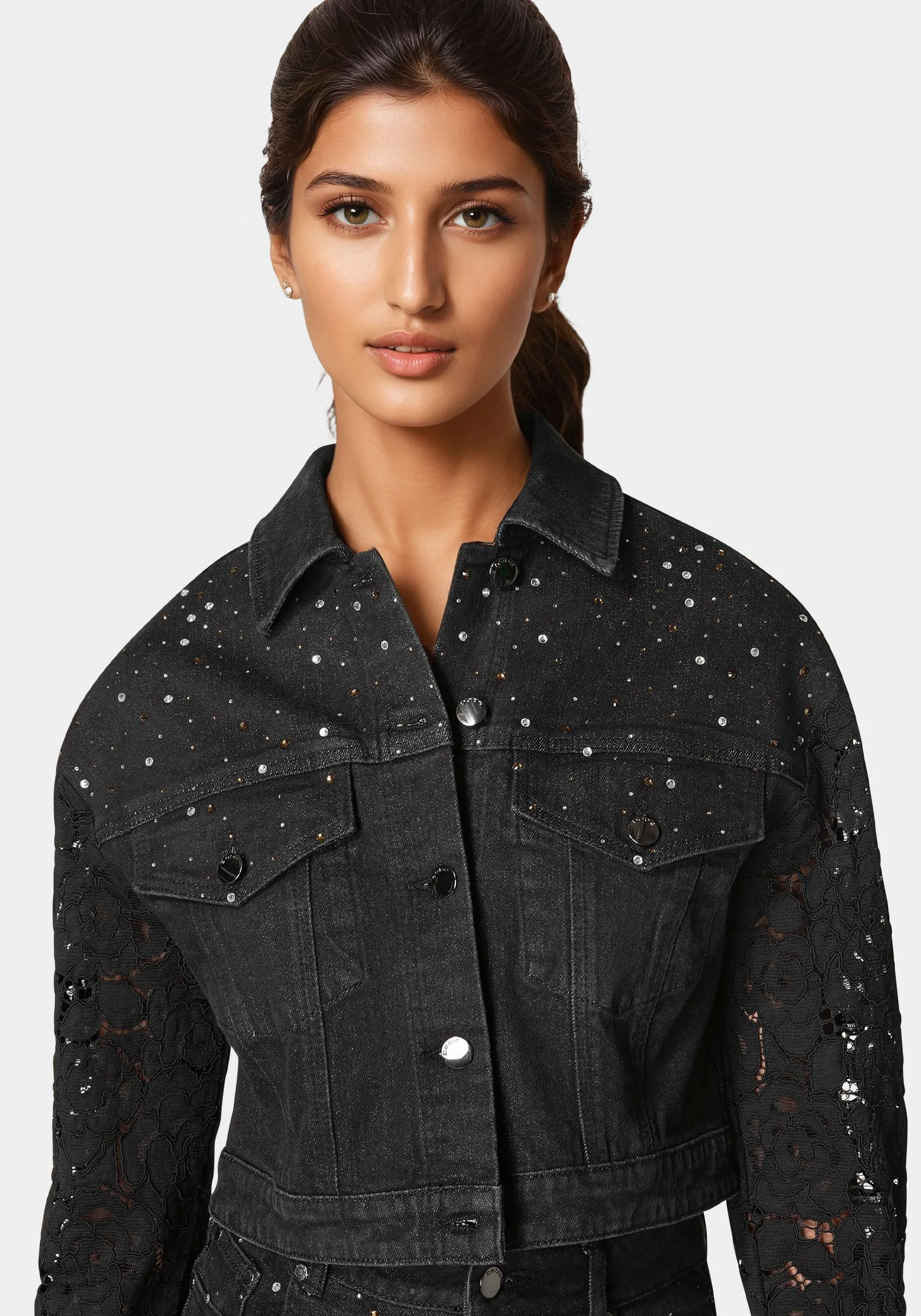 Drop Shoulder Embellished Lace Denim Jacket sold by Bebe product image thumbnail 4
