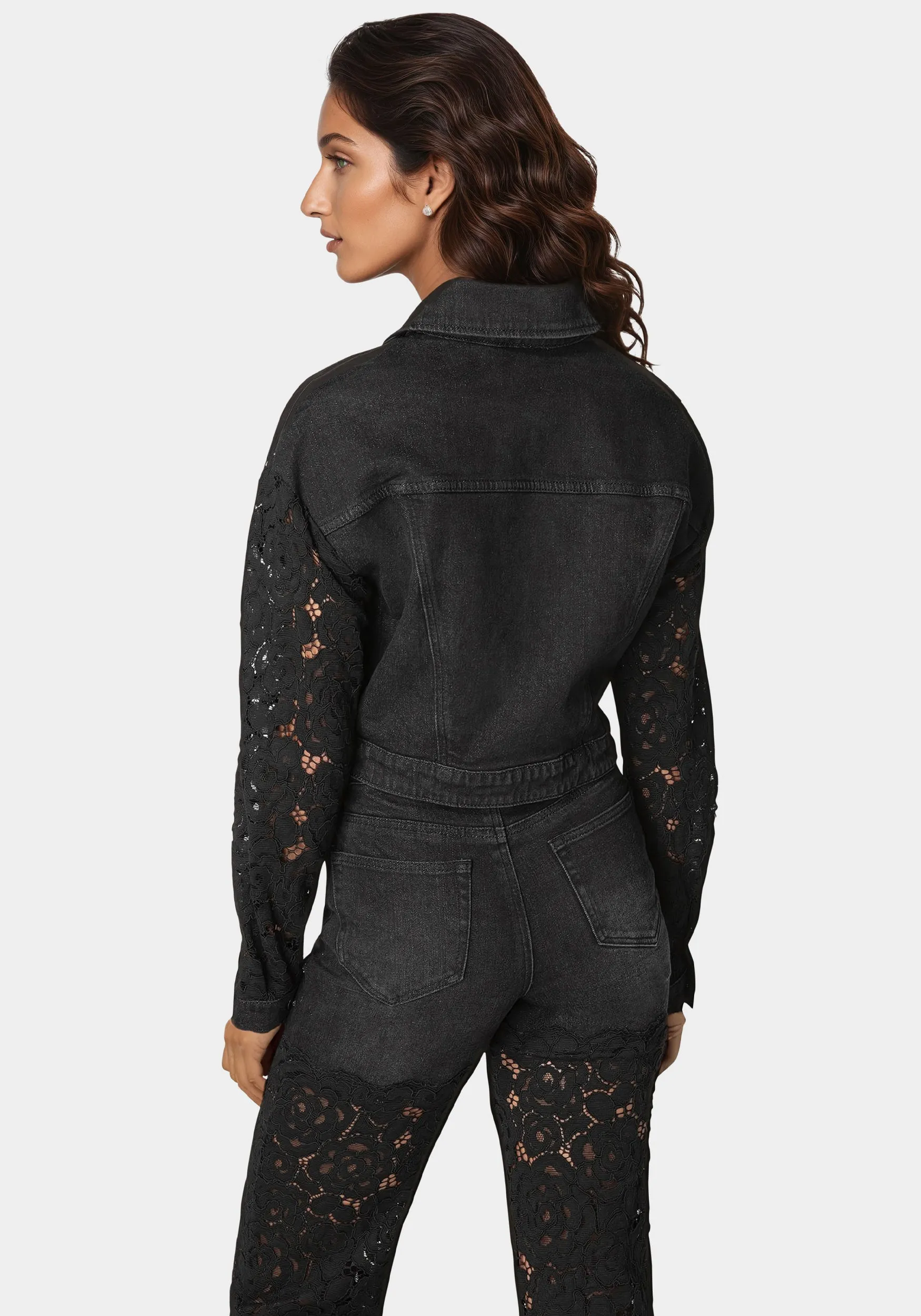 Drop Shoulder Embellished Lace Denim Jacket sold by Bebe product image thumbnail 3