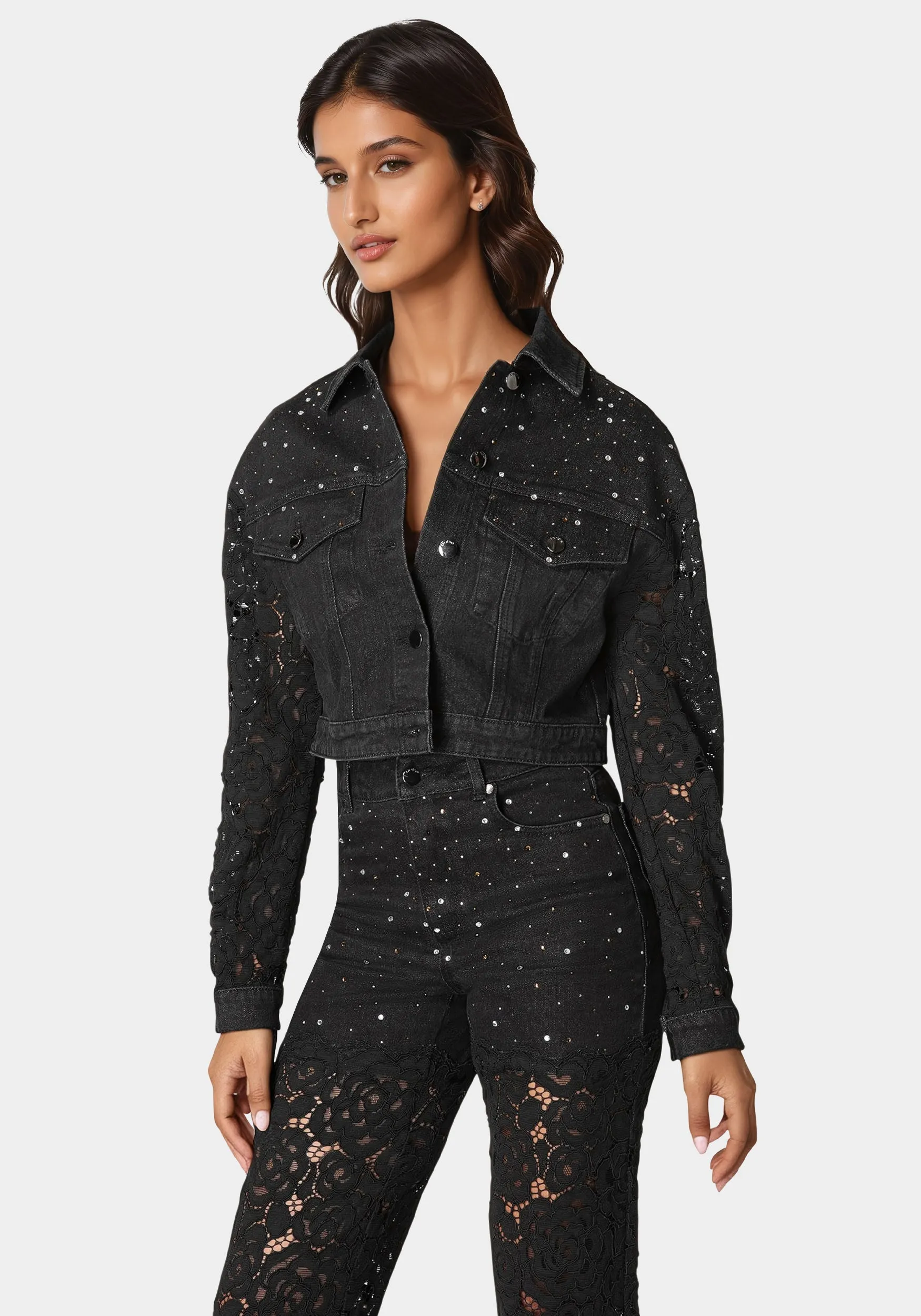Drop Shoulder Embellished Lace Denim Jacket sold by Bebe product image thumbnail 2