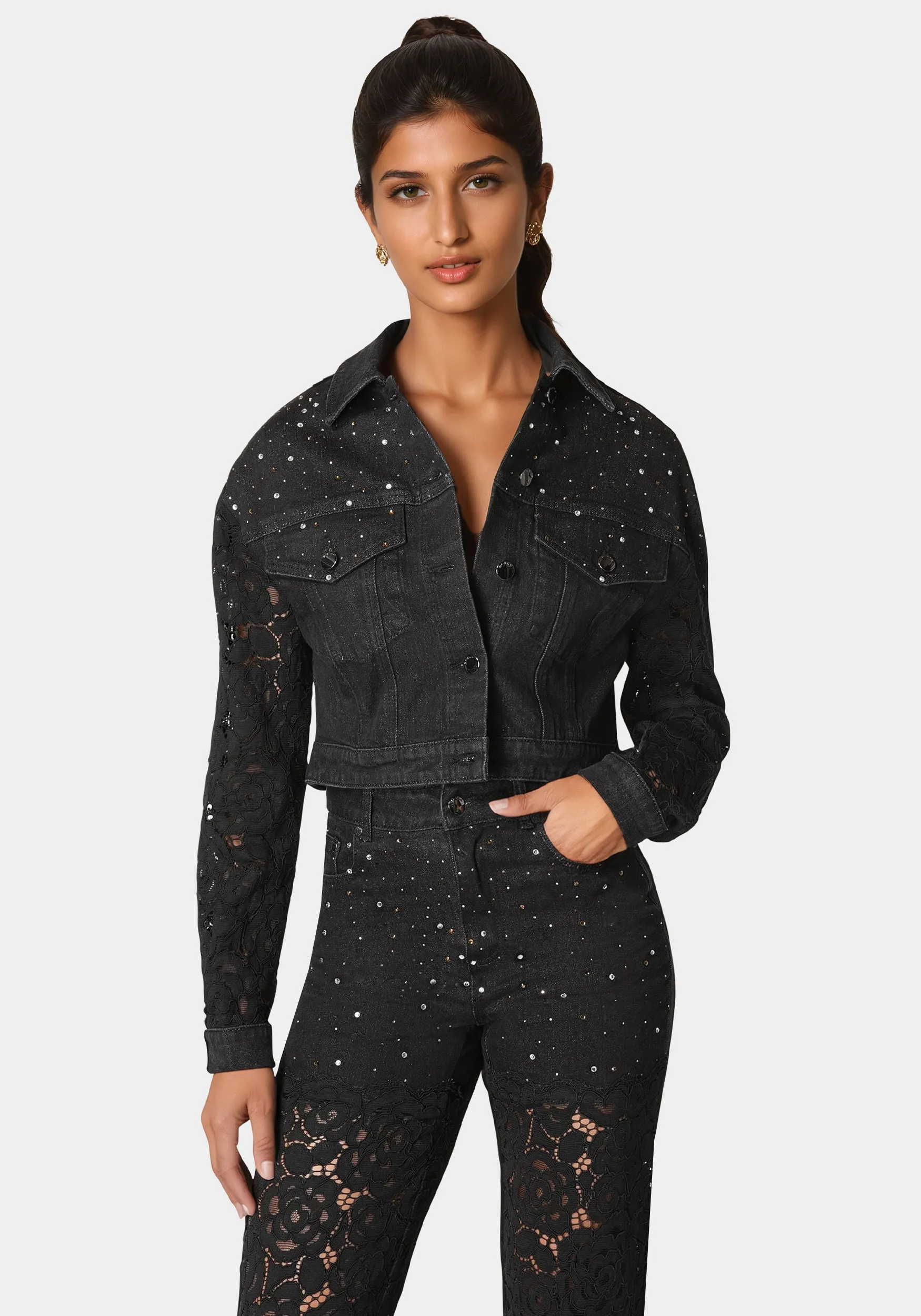 Drop Shoulder Embellished Lace Denim Jacket sold by Bebe